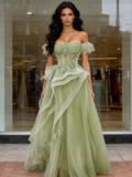 Green Off The Shoulder Tulle A Line Ruffles Prom Dress