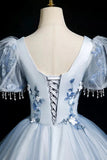 Short Sleeve A Line Appliques Blue Tulle Prom Dress