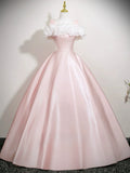 Off Shoulder Satin Pink A Line Ruffles Prom Dress
