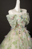 A Line Green Floral Tulle Off The Shoulder Prom Dress