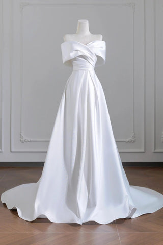 Off The Shoulder A Line Ruched Satin Wedding Dress