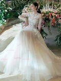 Long Sleeve Sheer Lace Beige A Line Wedding Dress
