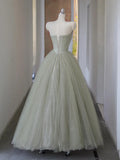 Sequins Strapless Green Tulle A Line Prom Dress