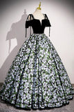 Velvet Floral Print Satin Black Prom Dress
