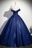 Long Scoop Beading A Line Navy Satin Prom Dress
