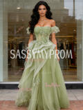 Green Off The Shoulder Tulle A Line Ruffles Prom Dress