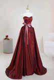 Satin Off The Shoulder Burgundy Ruched Belt Prom Dress