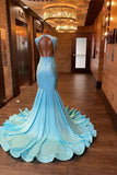 Trumpet Mermaid Beading Light Blue Satin Jewel Prom Dress