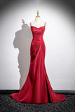 Ruched Trumpet Mermaid Detachable Sleeves Burgundy Satin Prom Dress