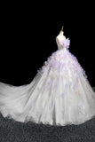 Tulle Flower A Line Sweetheart Lavender Prom Dress