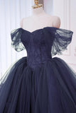 Layers Navy Blue Tulle Off The Shoulder A Line Prom Dress