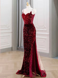 Spaghetti Straps Backless Mermaid Burgundy Sequin Prom Dress