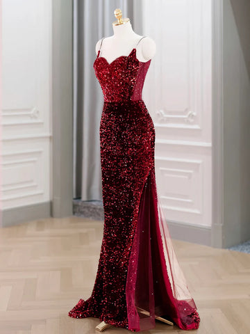 Spaghetti Straps Backless Mermaid Burgundy Sequin Prom Dress US2 / Burgundy Spaghetti Straps Backless Mermaid Burgundy Sequin Prom Dress US2 / Burgundy