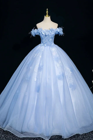 Long Floral Off The Shoulder Blue Tulle Lace Prom Dress