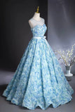 Rose Flower A Line Scoop Print Blue Beading Prom Dress
