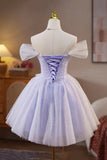 Lace Off the Shoulder Short Lilac Homecoming Dress