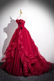 Strapless Layer Tulle Layer Flower Burgundy Prom Dress