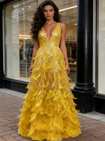yellow feather dress robe Sequin & Bead Embellished Gown 1970s crystal Cocktail There are a lace up system in the back which will adjust to your body figure Women's Elegant Vibrant Yellow Feather