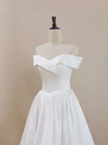 Off Shoulder Tea Length Satin White Wedding Dress