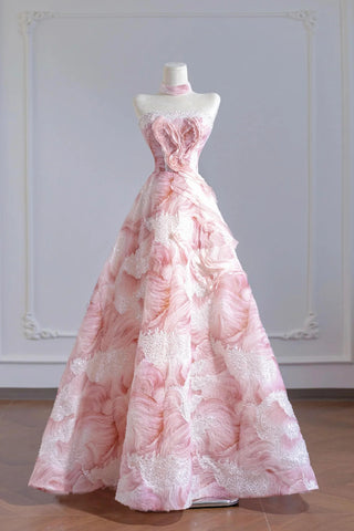 Print Pink Tulle Sparkle Strapless Prom Dress