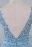 Lace Embroidery Sky Blue A Line Prom Dress