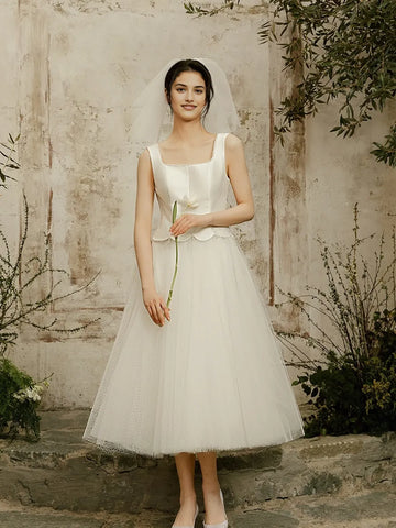 A Line Tulle Ankle Length Square Satin Wedding Dress