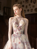 Floral Print A Line Backless High Neck Prom Dress