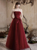 Tulle A Line Lace Up Belt Burgundy Prom Dress