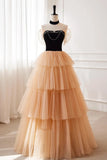 Black Champagne Tulle Off The Shoulder Prom Dress