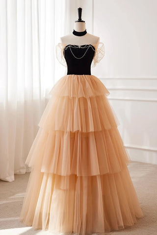 Black Champagne Tulle Off The Shoulder Prom Dress