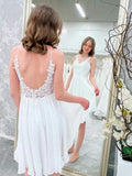 White Lace Short Backless V Neck Homecoming Dress