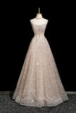 Champagne Tulle Sequins A Line Off The Shoulder Prom Dress