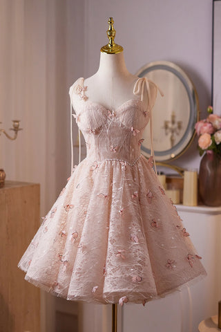 Pink Tulle Short Butterflty Spaghetti Strap Homecoming Dress