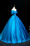 Satin Off The Shoulder Blue A Line Ruched Prom Dress