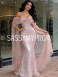 Off The Shoulder Pink Trumpet Mermaid Sparkle Prom Dress