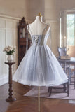 Gray Tulle Knee Length Spaghetti Strap Homecoming Dress