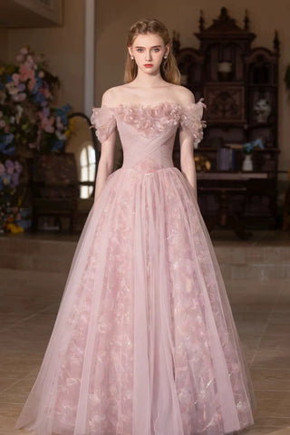 Floral Pink Tulle Off The Shoulder Prom Dress