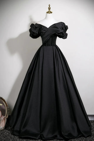 Off the Shoulder A-Line Satin Black Ruffles Prom Dress