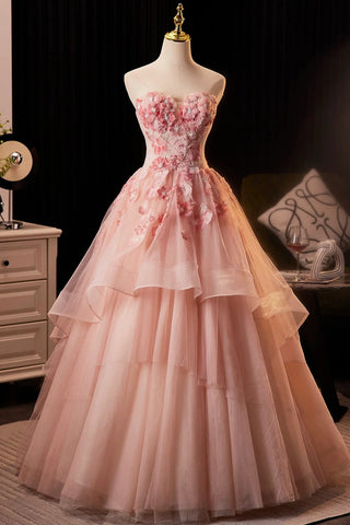Flower Princess Tulle Pink Sweetheart Prom Dress