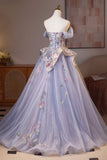 Tulle Floral Appliques Light Purple Off The Shoulder Prom Dress