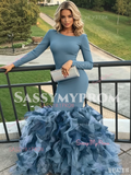 Blue Scoop Long Sleeve Tulle Spandex Ruffles Prom Dress