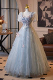 Blue Short Sleeves Square Tulle A Line Floral Prom Dress