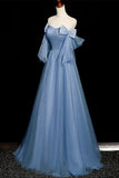 Sweetheart Bow A Line Tulle Blue Prom Dress