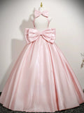 A Line Pink Satin Bow Backless Pearls Scoop Prom Dress