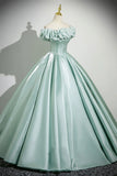 Off The Shoulder Satin Green Corset Ruffles Prom Dress