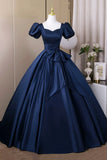 Short Sleeve A Line Navy Satin Bow Prom Dress