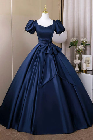 Short Sleeve A Line Navy Satin Bow Prom Dress