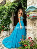 Spaghetti Straps Chiffon Blue Cold Shoulder Beading Prom Dress
