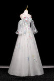 Tulle Sequins Long White Floral A Line Prom Dress
