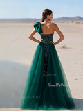 Detachable One Shoulder Bow Dark Green Prom Dress With Slit